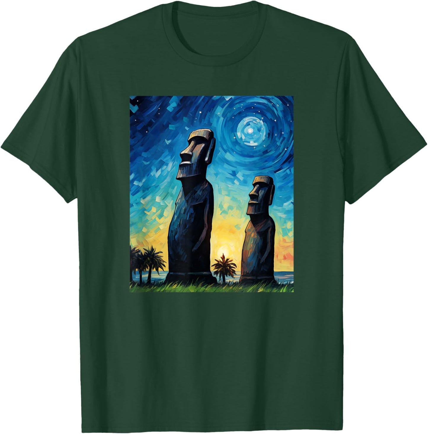 Stone Guardians Moai Sculptures Easter Island Watercolor T-Shirt - T-Shirt | Forest