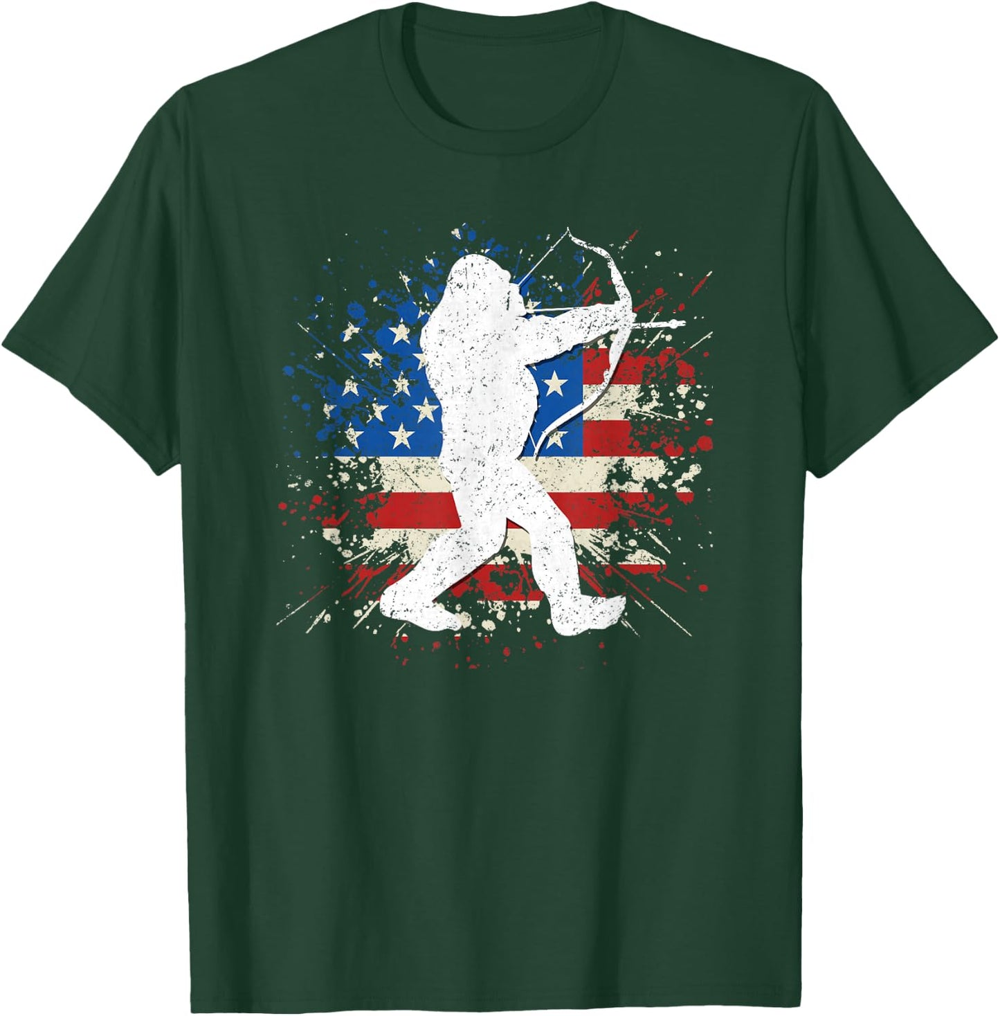 Bigfoot Bow Hunting Archery American Flag Sasquatch Hunter T-Shirt - T-Shirt | Forest