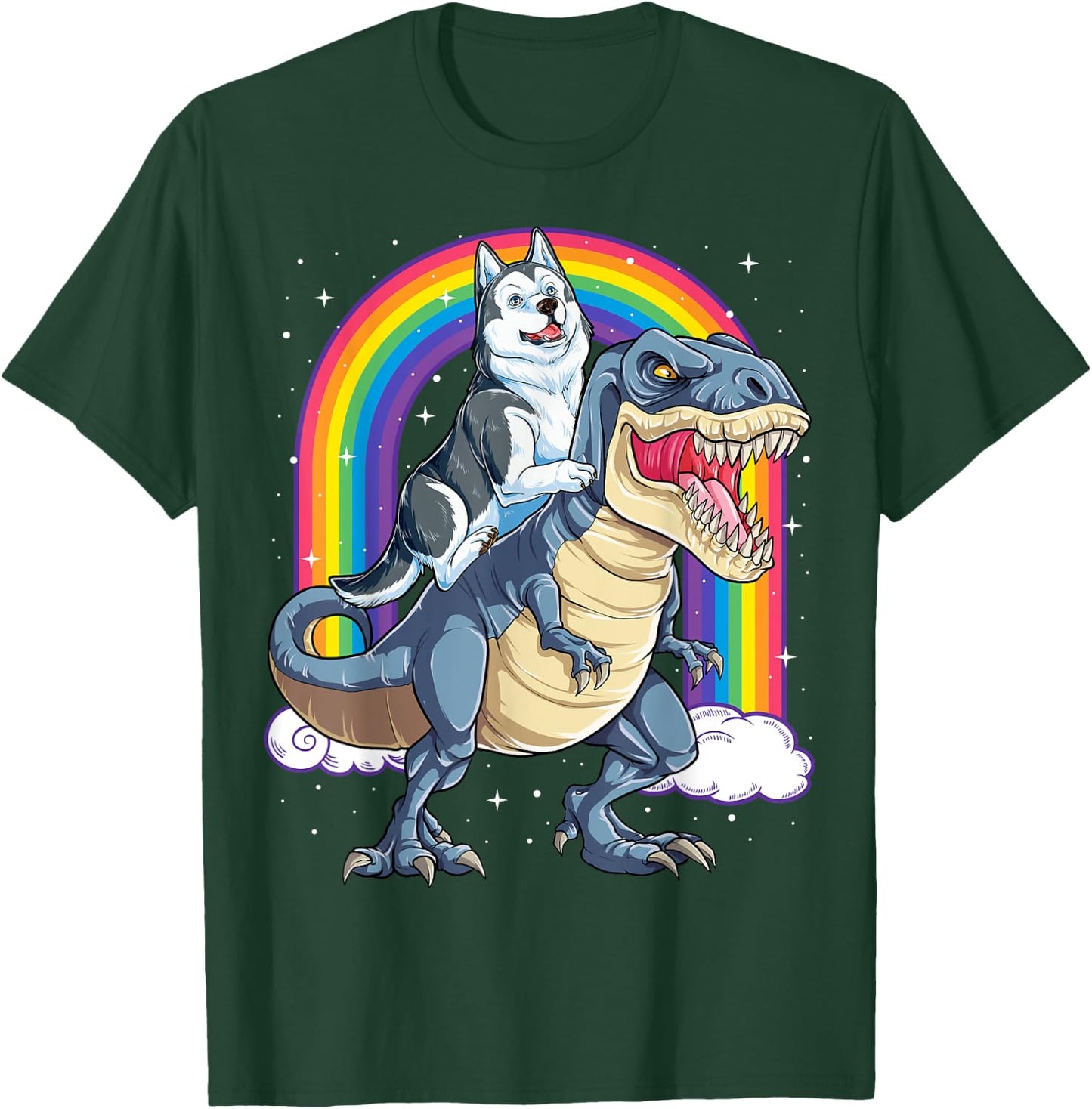 Siberian Husky Riding Dinosaur T-rex Gifts Boys Kids Rainbow T-Shirt - T-Shirt | Forest