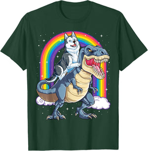 Siberian Husky Riding Dinosaur T-rex Gifts Boys Kids Rainbow T-Shirt - T-Shirt | Forest