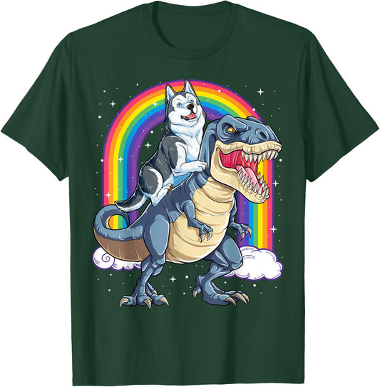 Siberian Husky Riding Dinosaur T-rex Gifts Boys Kids Rainbow T-Shirt - T-Shirt | Forest