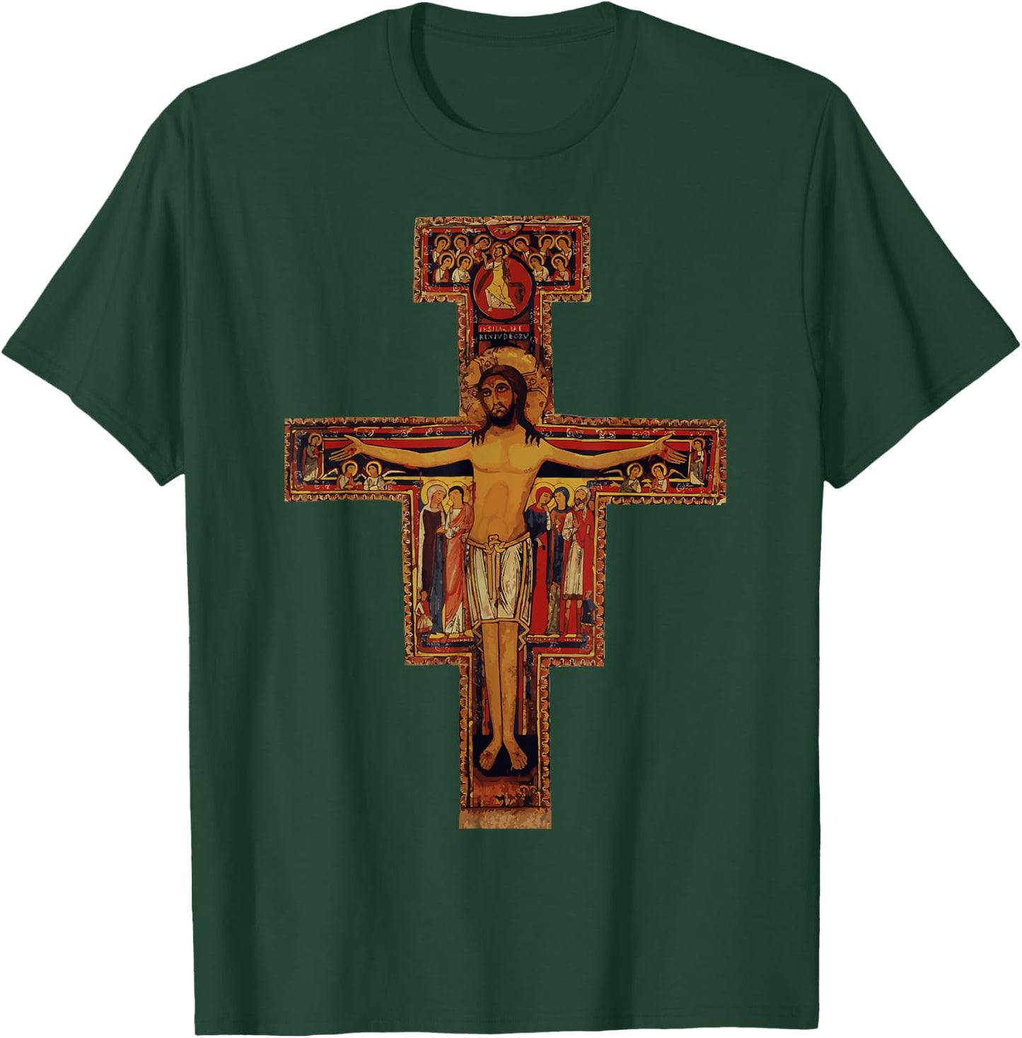 Happy Catholics Catholic Francis of Assisi San Damiano Cross - Black, Adult, Short Sleeve, Modern Religious Style, Casual, Size Small T-Shirt - T-Shirt | Forest