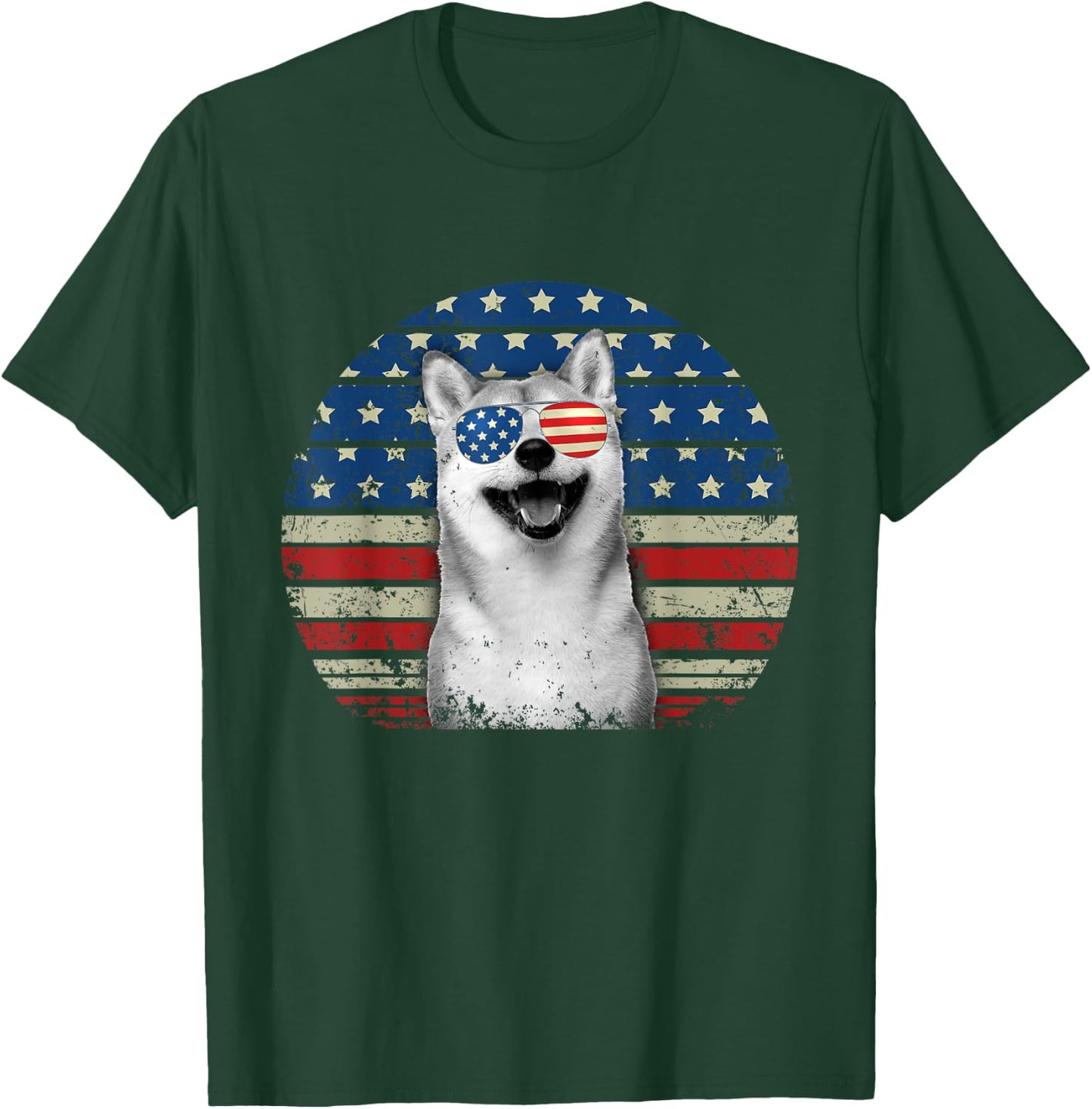 Retro Patriotic Shiba Inu American Flag Dog Lover T-Shirt - T-Shirt | Forest
