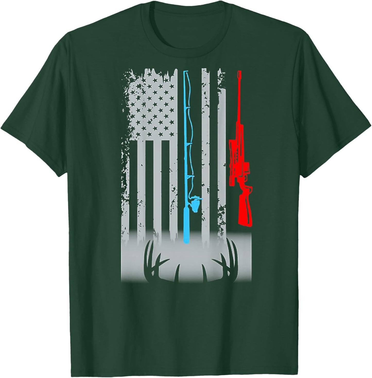 Fishing Rod Shotgun Deer Flag (on back) T-Shirt - T-Shirt | Forest