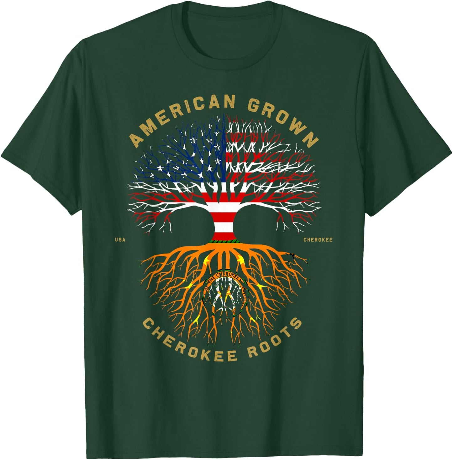American Grown with Cherokee Roots Tree USA Flag T-Shirt - T-Shirt | Forest