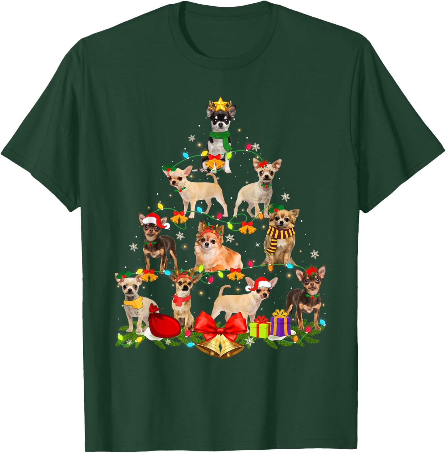 Dog Lover Chihuahua Tree Christmas Light Xmas Pajama Women Kids T-Shirt - T-Shirt | Forest
