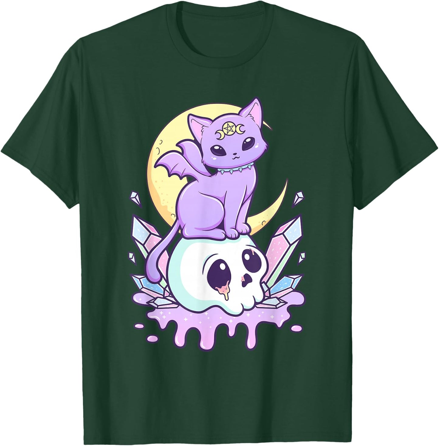 Kawaii Pastel Goth Cute Scary Witchy Cat and Skull T-Shirt - T-Shirt | Forest