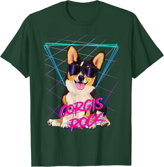 Corgis Rock - retro 80s corgi dog in sunglasses T-Shirt - T-Shirt | Forest