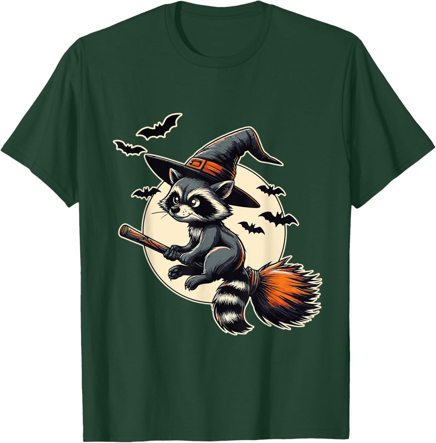 Raccoon Witch on Broom Halloween T-Shirt - T-Shirt | Forest