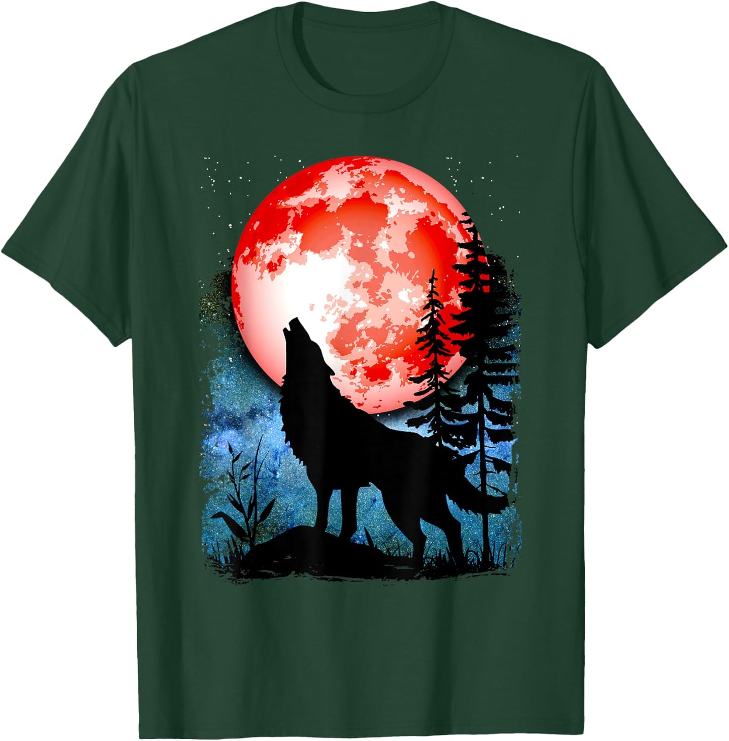 Wolf Howls Red Blood Moon Galaxy Star Night T-Shirt - T-Shirt | Forest
