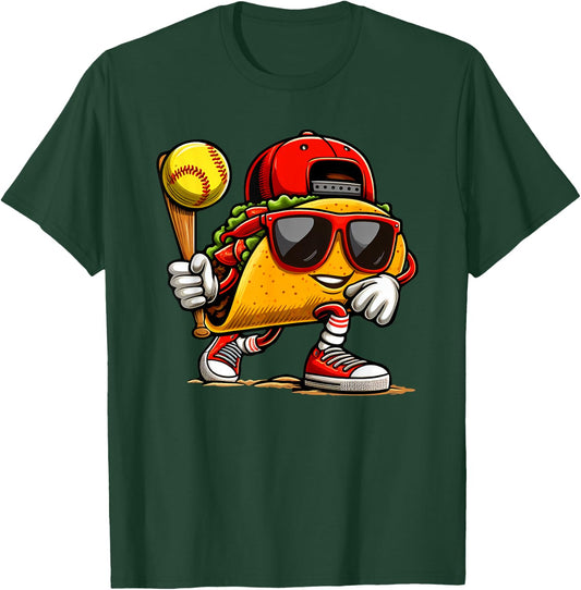 Taco Playing Softball Mexican Cinco De Mayo Kids Boys Men T-Shirt - T-Shirt | Forest