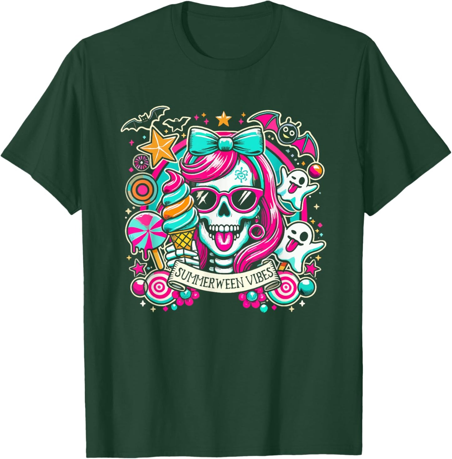 Summerween Vibes Skeleton Spooky Vacation Halloween Summer Women Kids T-Shirt - T-Shirt | Forest