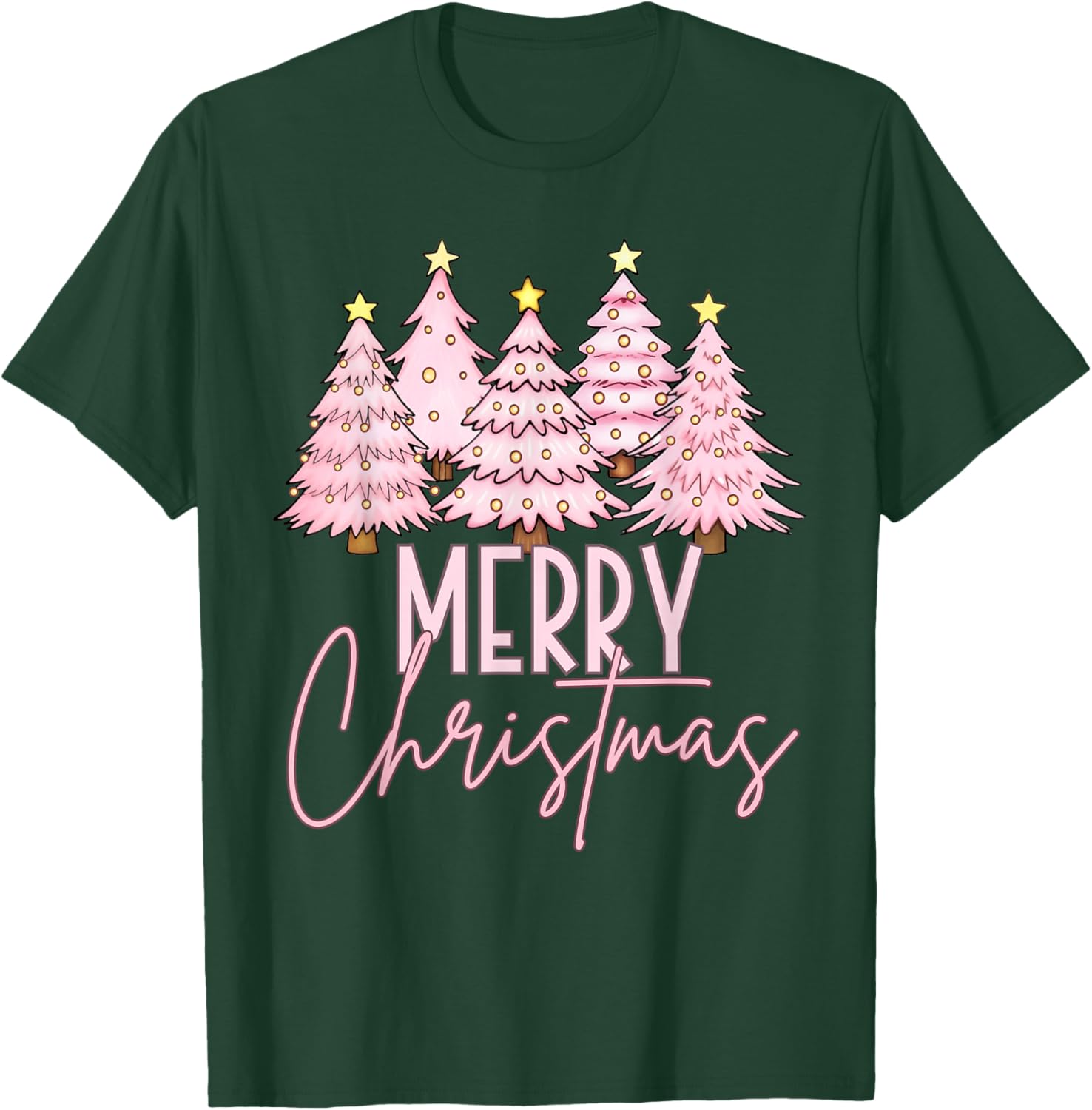Pink Christmas Tree Merry and Bright Christmas Tree T-Shirt - T-Shirt | Forest