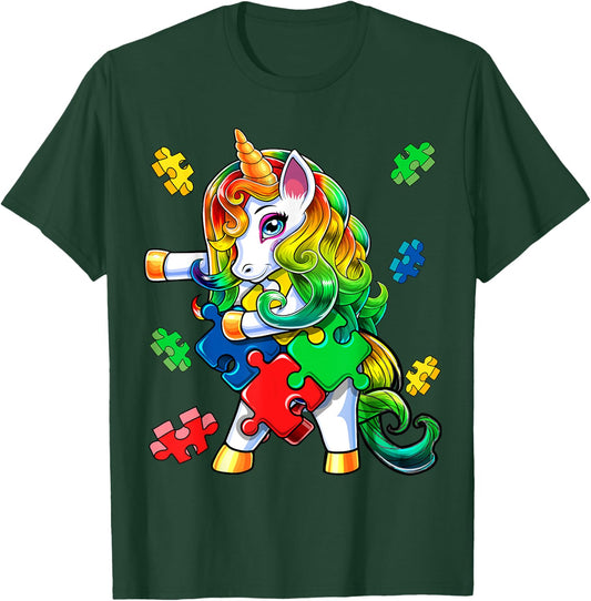Autism Awareness Flossing Unicorn Puzzle Piece Gift Kids T-Shirt - T-Shirt | Forest