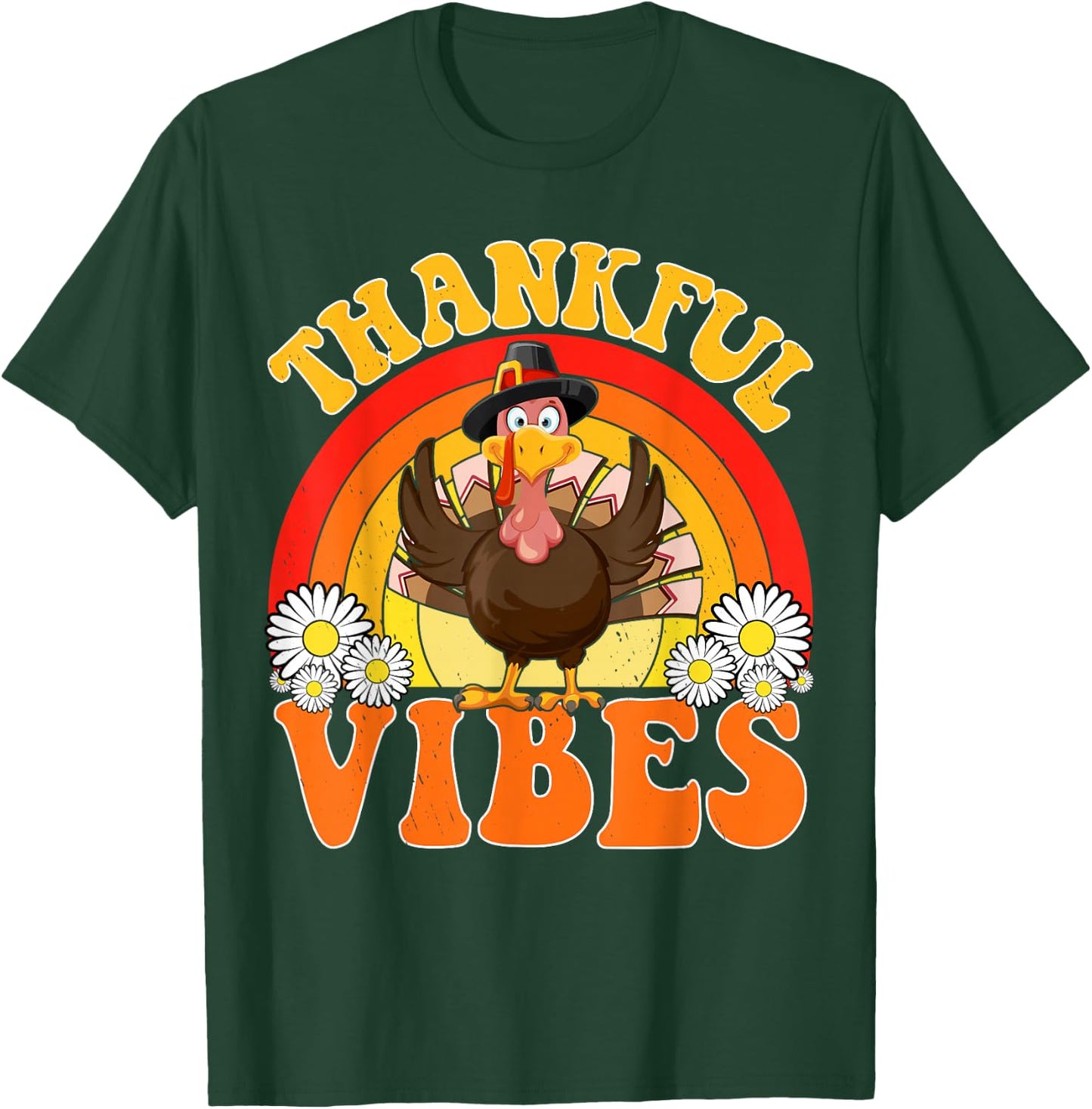 Thankful Vibes Turkey Rainbow Cute Fall Retro Thanksgiving T-Shirt - T-Shirt | Forest