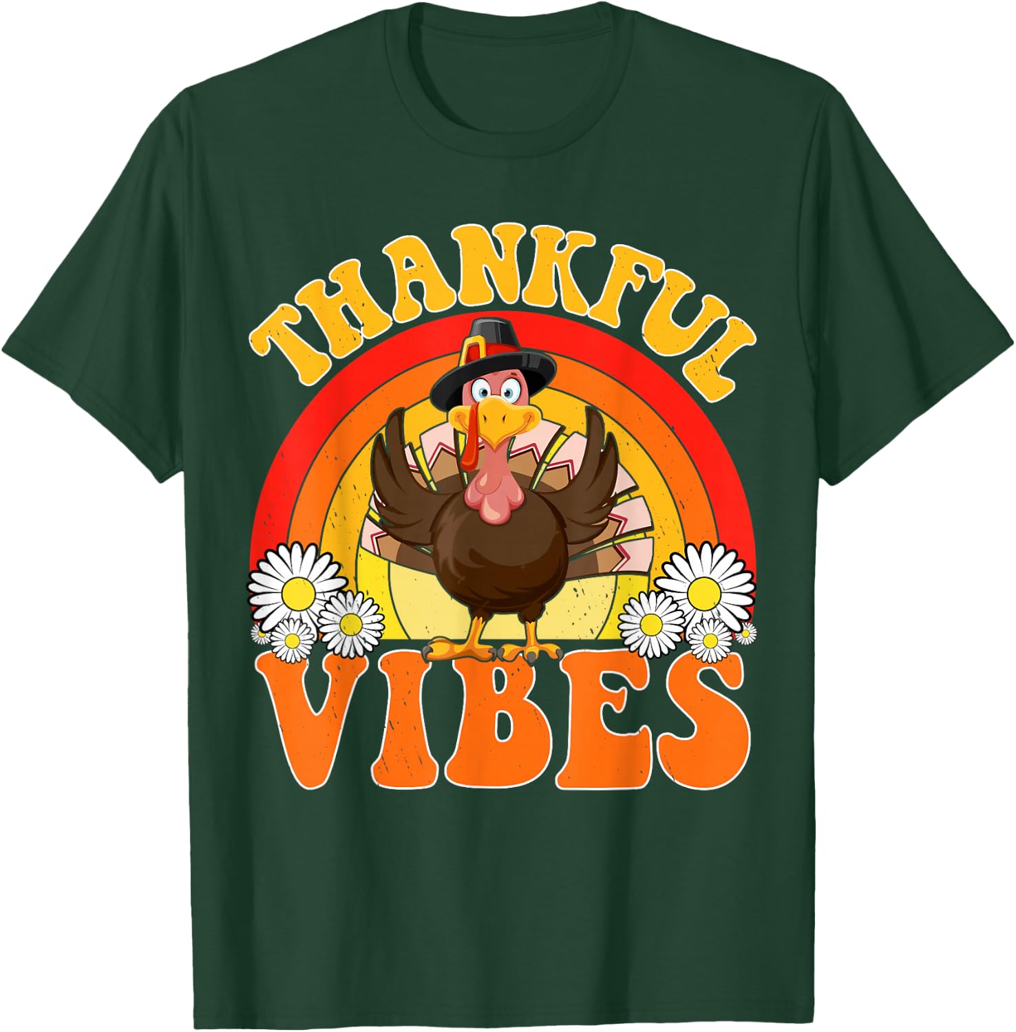 Thankful Vibes Turkey Rainbow Cute Fall Retro Thanksgiving T-Shirt - T-Shirt | Forest