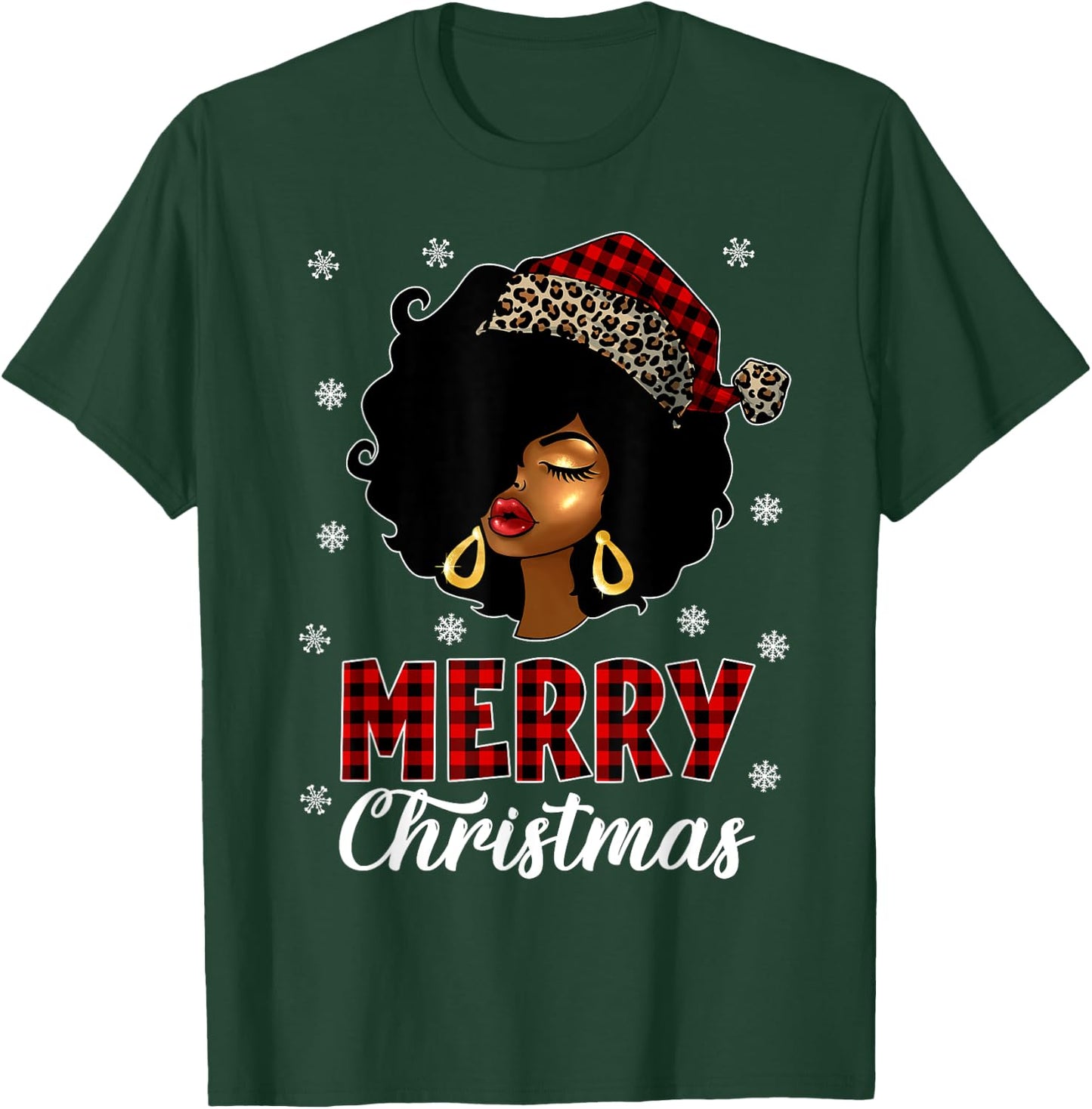 African American Afro Woman Santa Hat Merry Christmas T-Shirt - T-Shirt | Forest