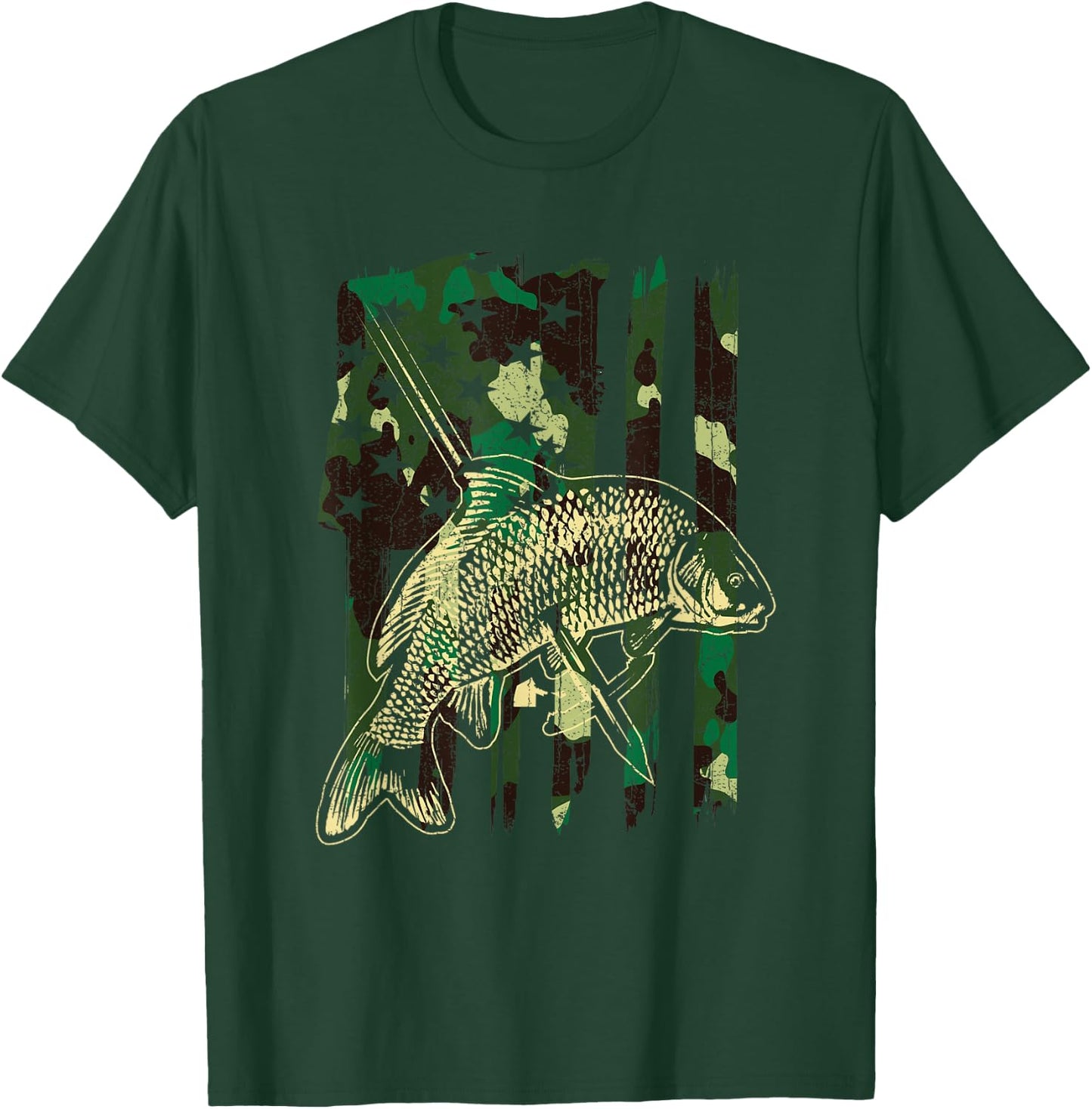 Camo American Flag Bowfishing Gift | Bow Fishing, Bow Fisher T-Shirt - T-Shirt | Forest