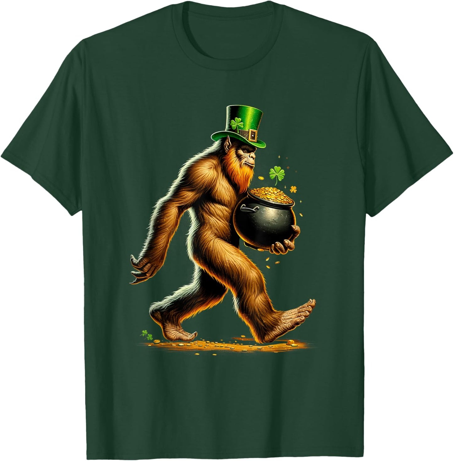 Happy St Patrick's Day Funny Bigfoot Sasquatch Shamrock Gold T-Shirt - T-Shirt | Forest