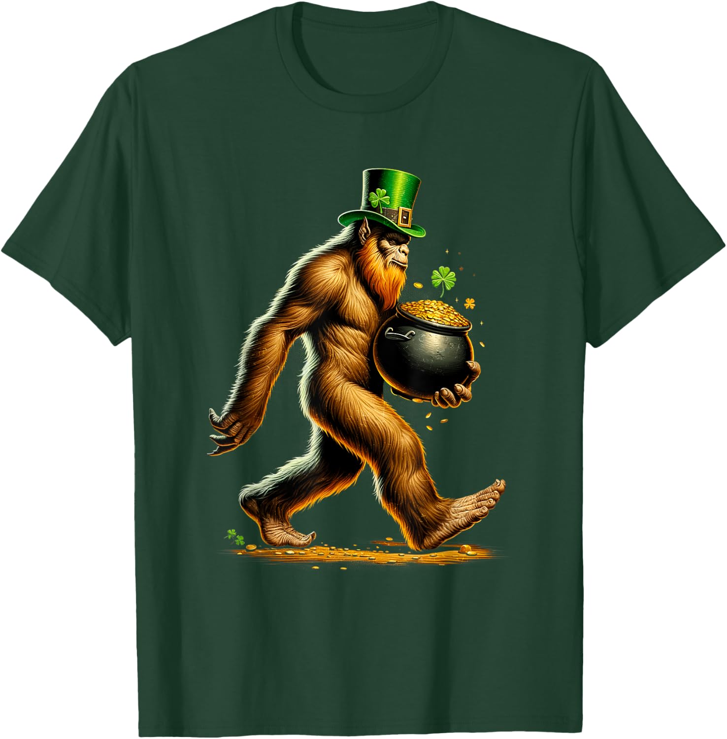 Happy St Patrick's Day Funny Bigfoot Sasquatch Shamrock Gold T-Shirt - T-Shirt | Forest