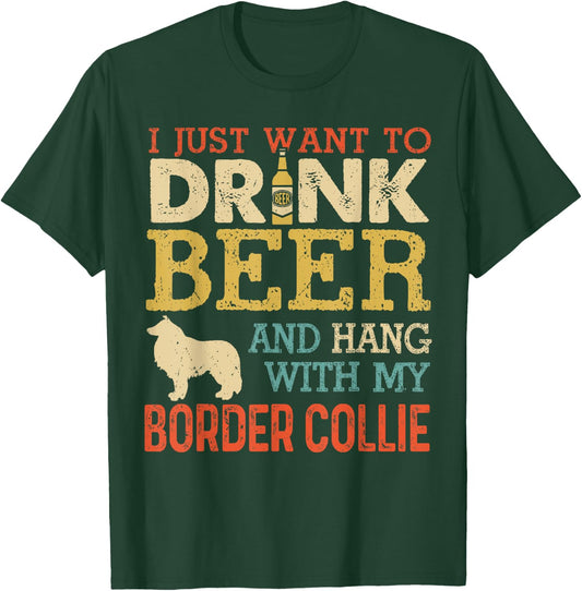 Border Collie Dad Drink Beer Hang With Dog Funny Men Vintage T-Shirt - T-Shirt | Forest