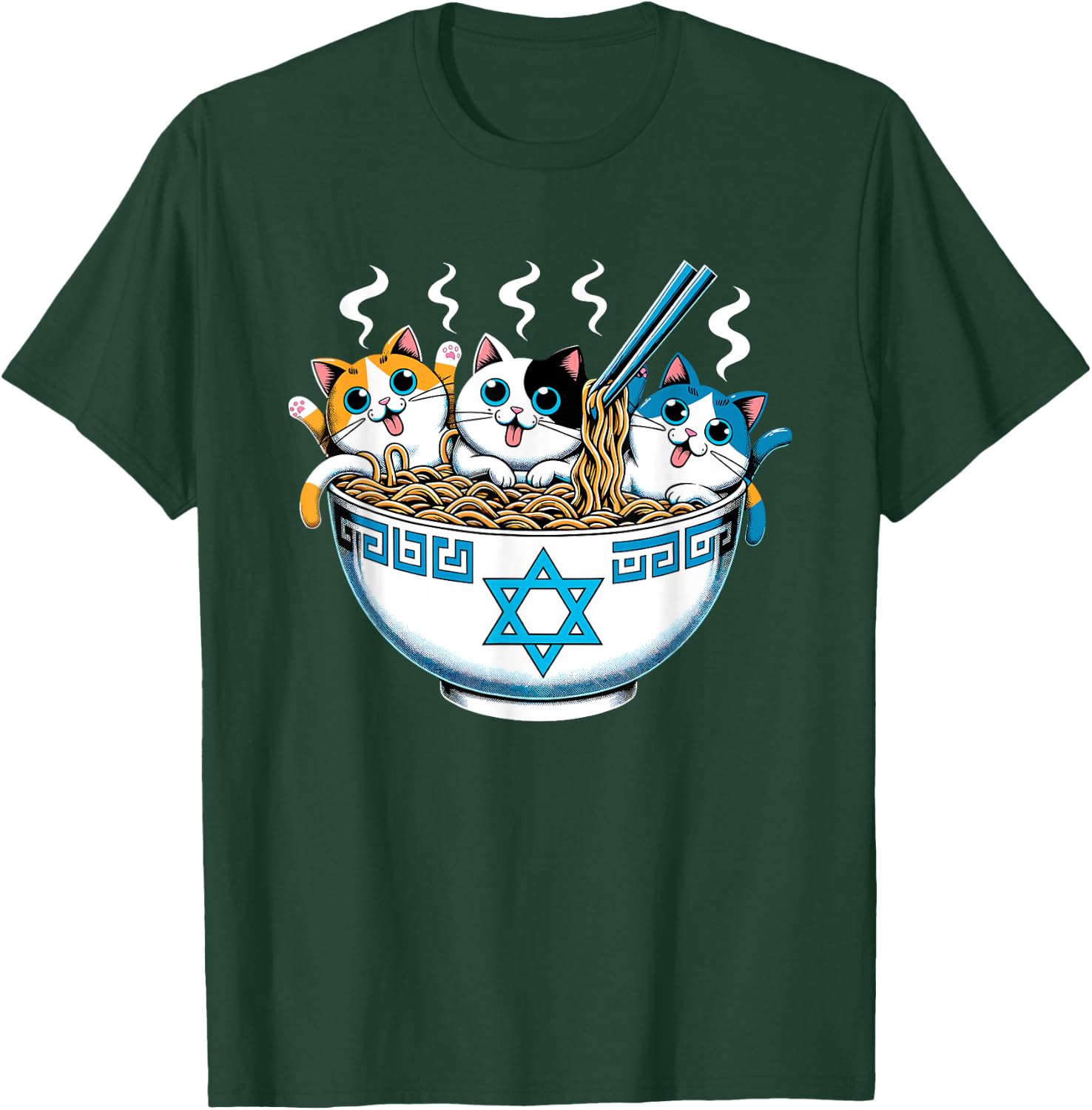 Jewish Cats Ramen Kitten Anime Hanukkah Pajamas Chanukah PJs T-Shirt - T-Shirt | Forest