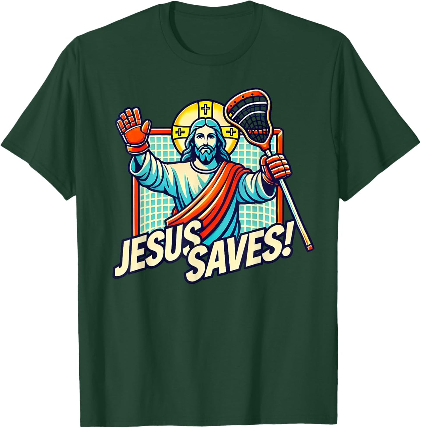 Funny Lacrosse Jesus Saves Goalie Sports Humor T-Shirt - T-Shirt | Forest