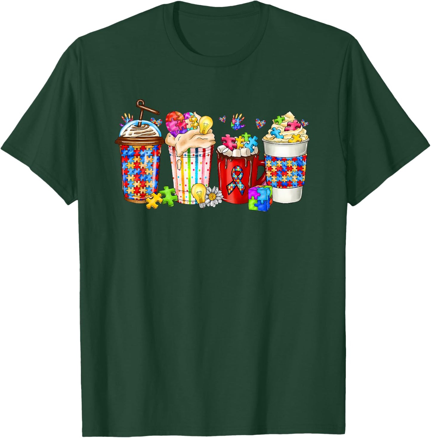 Autism Coffee Cups Puzzle Piece Autism Awareness Mom Women T-Shirt - T-Shirt | Forest