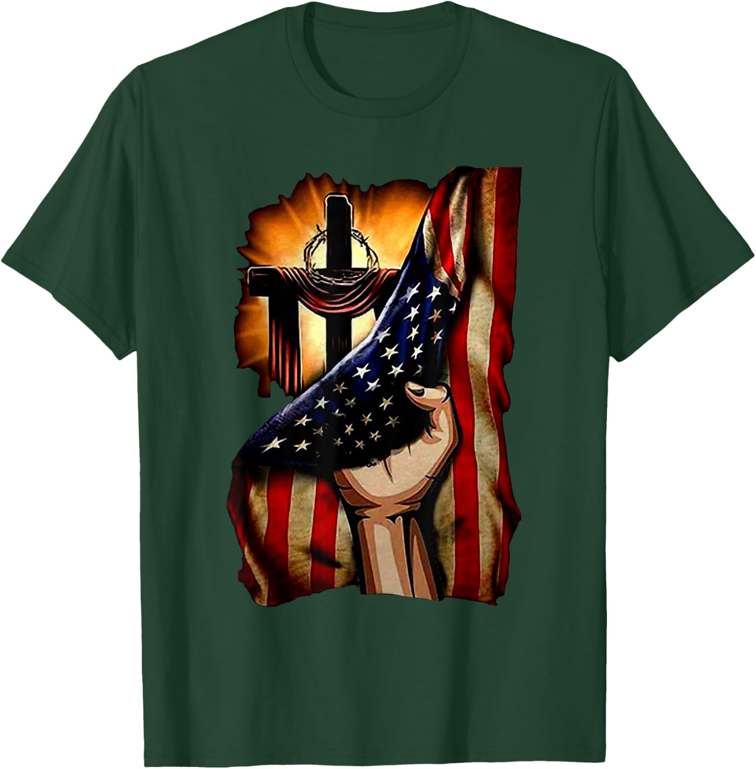Cross Christ American Flag Pride Hand Christian Lover Gift Men T-Shirt - T-Shirt | Forest