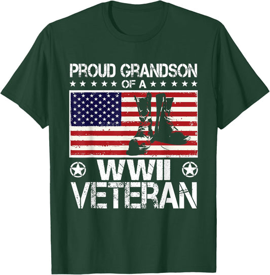 Proud Grandson Of WWII Veteran US Flag Boots Veteran Day T-Shirt - T-Shirt | Forest