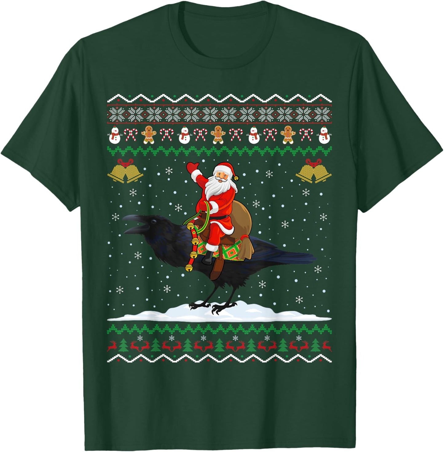 Raven Ugly Xmas Gift Santa Riding Raven Christmas T-Shirt - T-Shirt | Forest