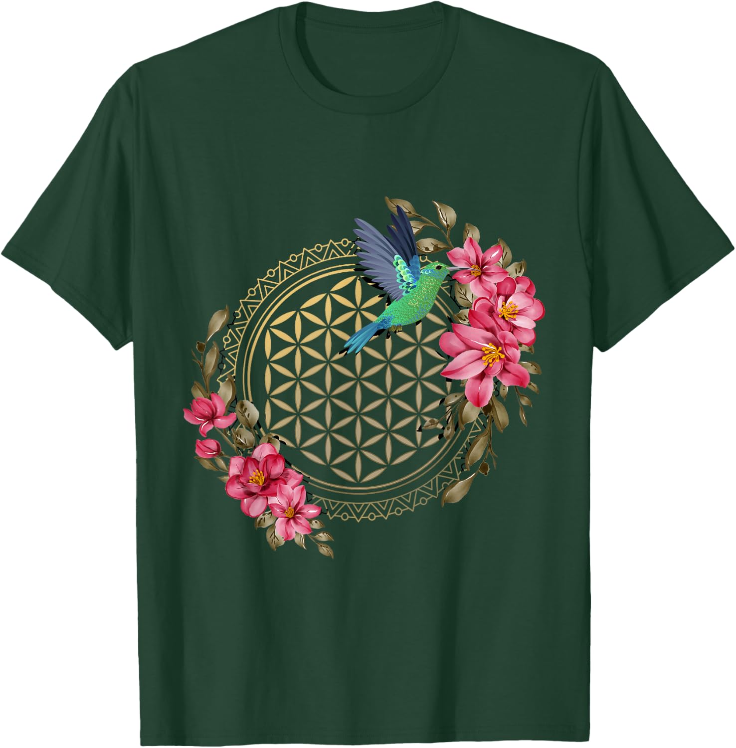 Hummingbirds Sacred Geometry Flower Of Life Hummingbird T-Shirt - T-Shirt | Forest