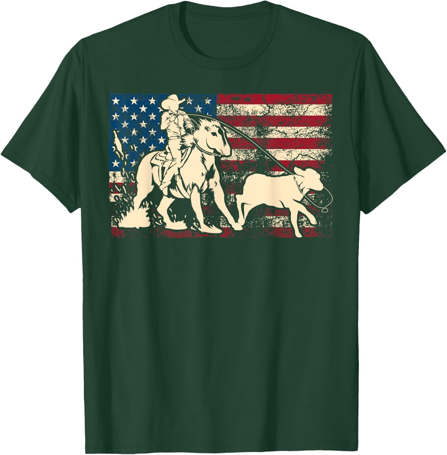Funny Team Roping Rodeo Gift US Flag Cool Cowboy Men Women T-Shirt - T-Shirt | Forest