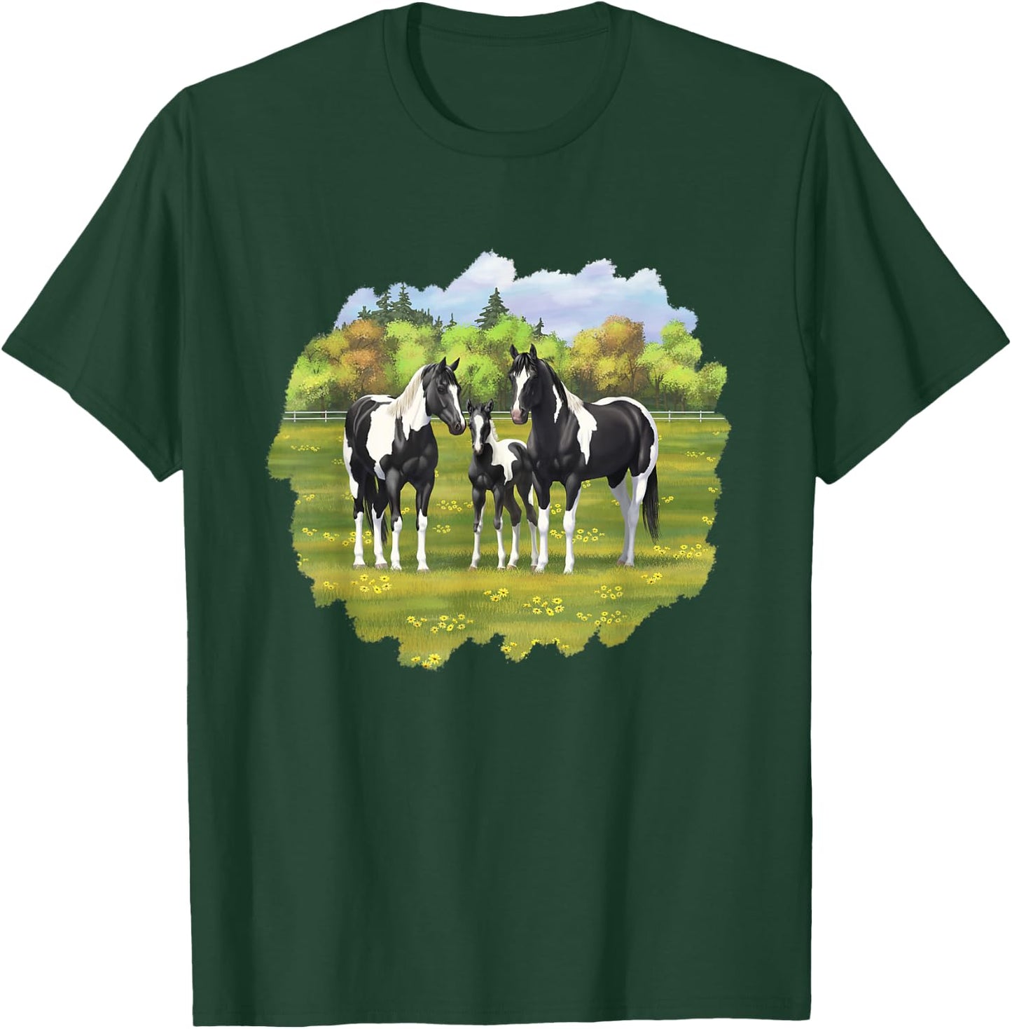 Beautiful Black Pinto Paint Horses In Summer Pasture Men Women Kids T-Shirt - T-Shirt | Forest