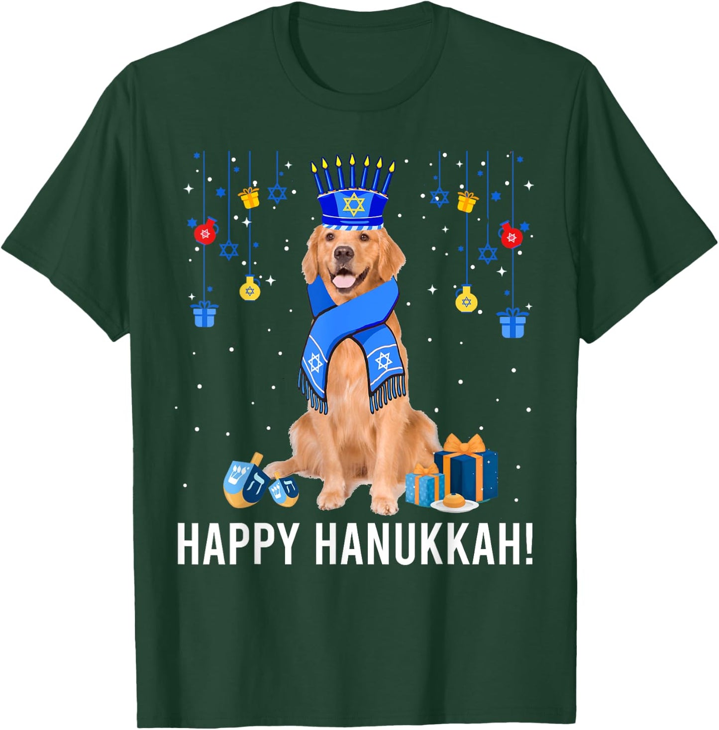 Golden Retriever Menorah Hat Christmas Happy Hanukkah Jewish T-Shirt - T-Shirt | Forest