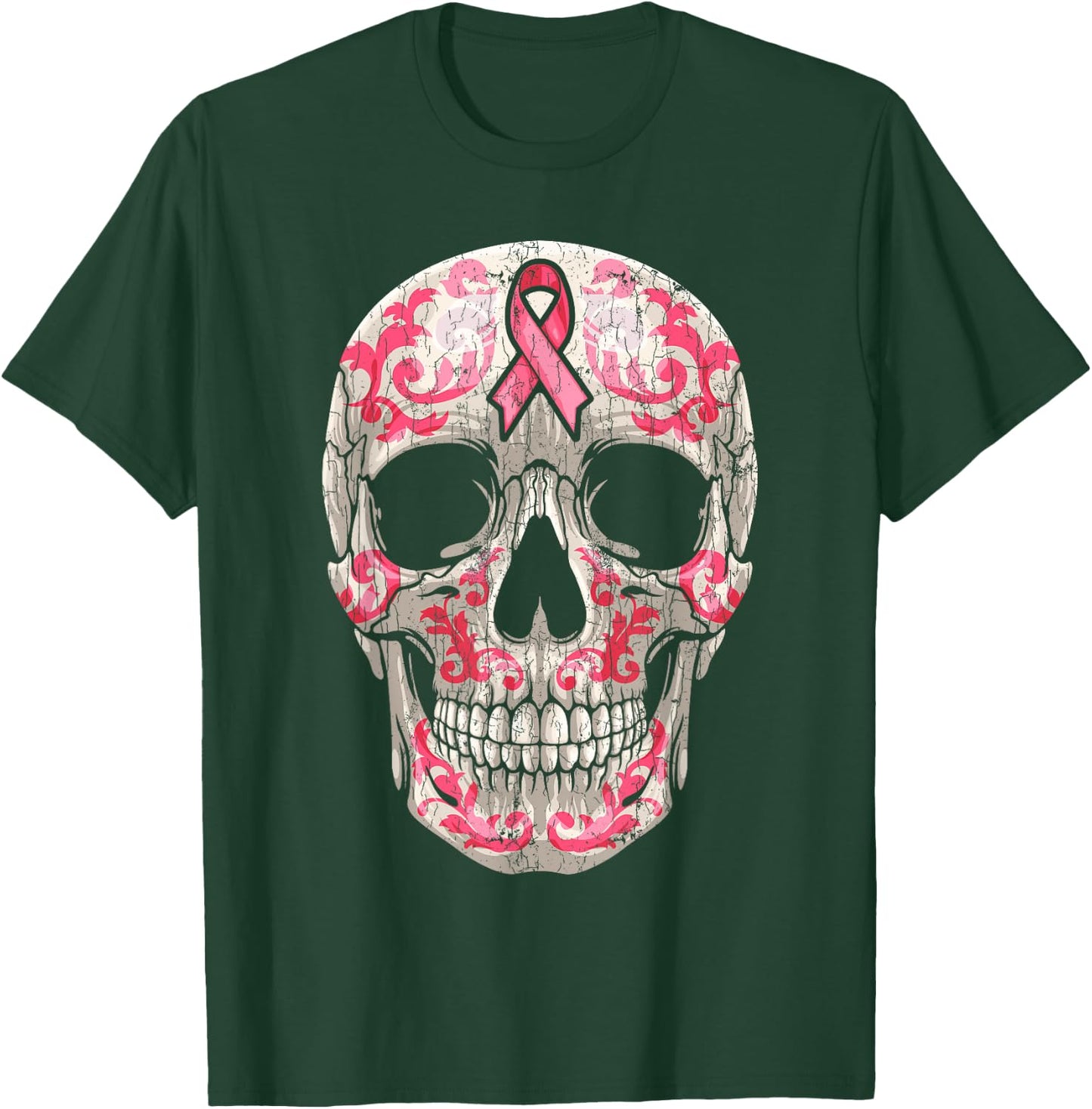 Breast Cancer Awareness Graphic Ribbon Sugar Skull Calavera T-Shirt - T-Shirt | Forest