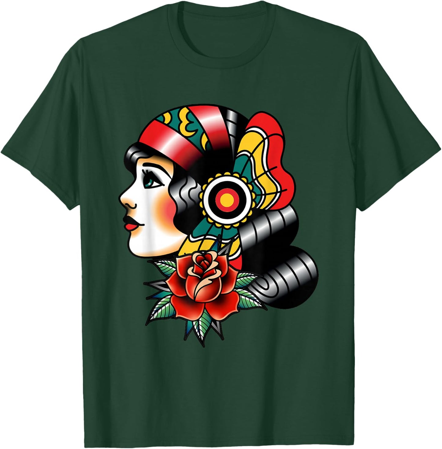 Lady Head American Traditional Tattoo Old School T-Shirt - T-Shirt | Forest