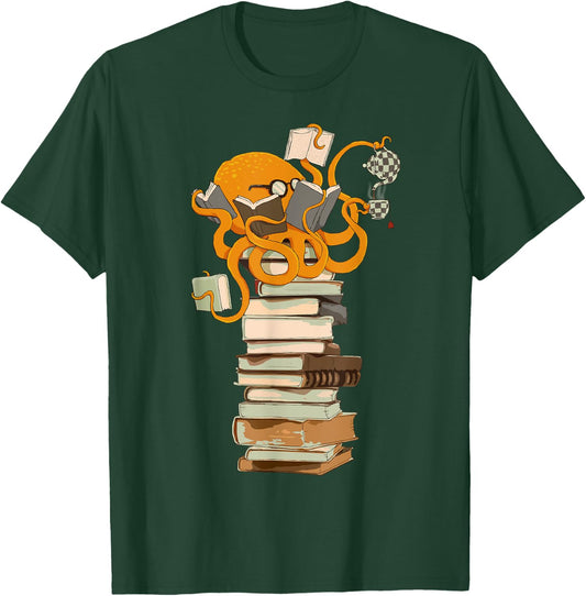 Reading Octopus, Tea, Coffee and Books Gift T-Shirt - T-Shirt | Forest