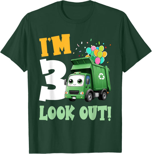 3rd Birthday I'm 3 Look Out Garbage Truck Bday Boys Kids T-Shirt - T-Shirt | Forest