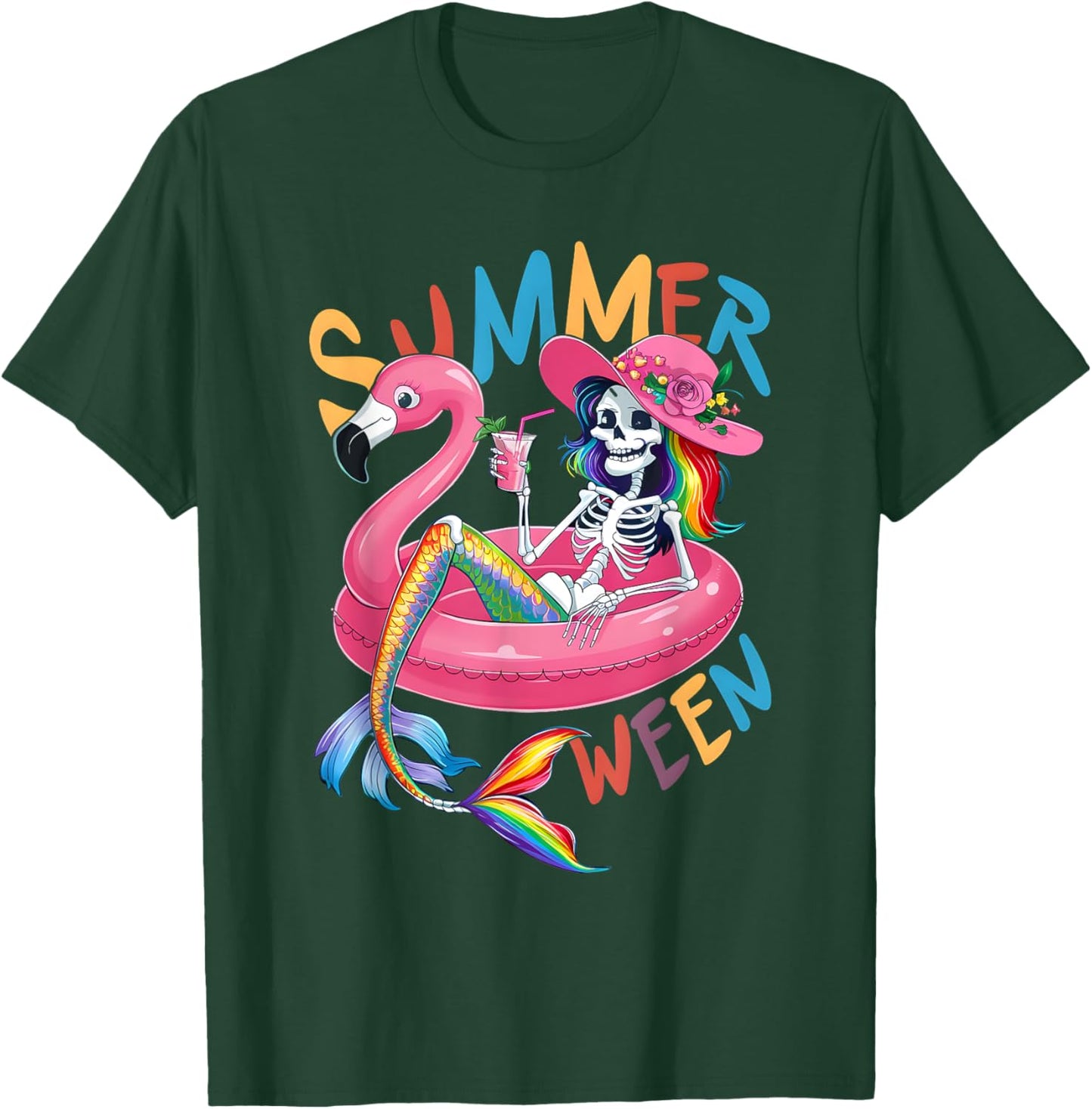 Summerween Mermaid Skeleton Flamingo Summer Halloween Women T-Shirt - T-Shirt | Forest