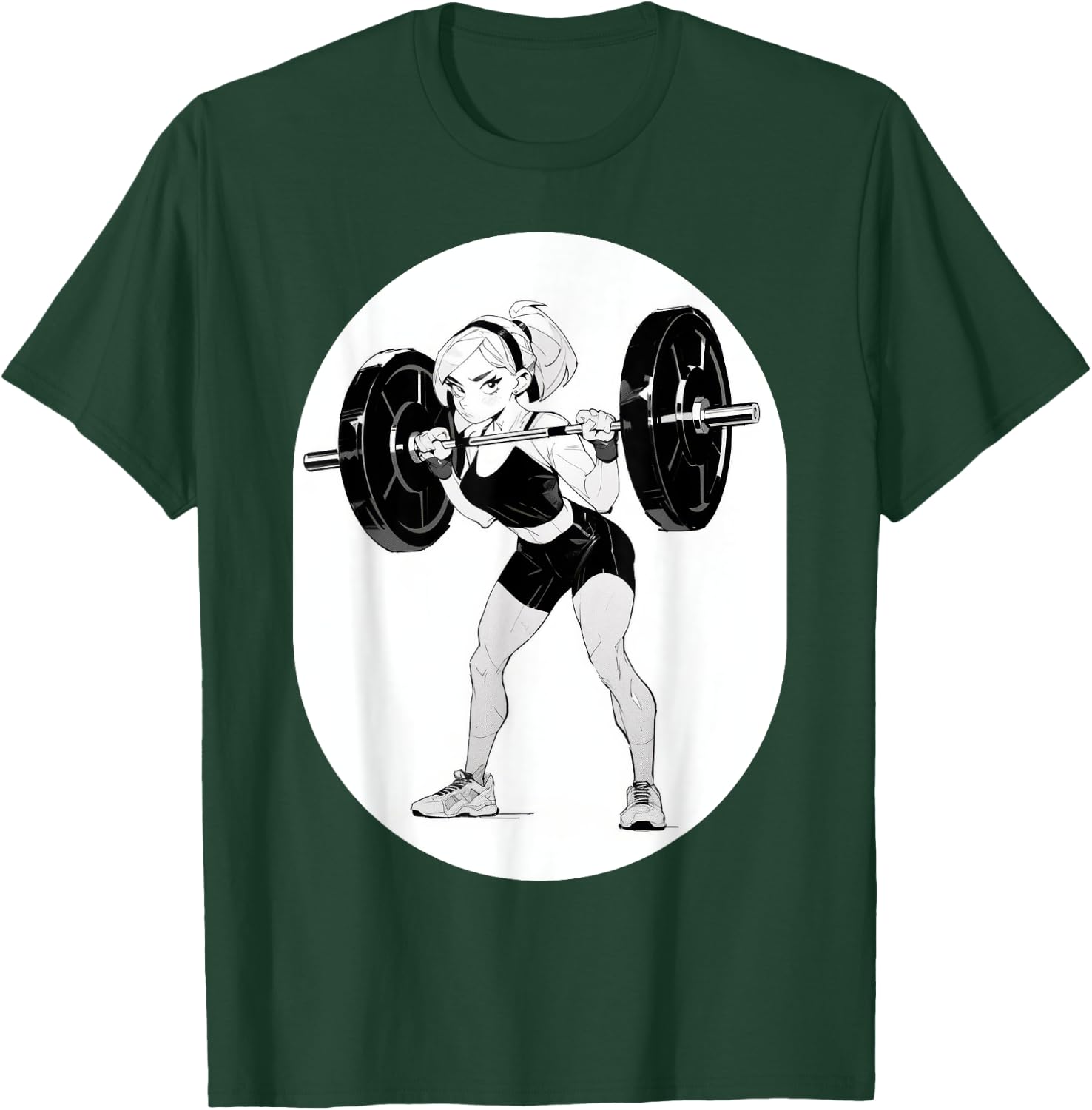 Anime & Manga Style Gym Girl holding Large Barbell T-Shirt - T-Shirt | Forest