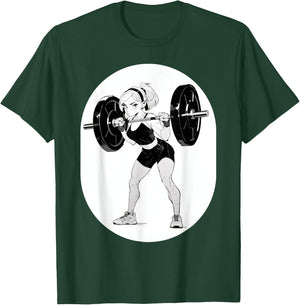Anime & Manga Style Gym Girl holding Large Barbell T-Shirt - T-Shirt | Forest