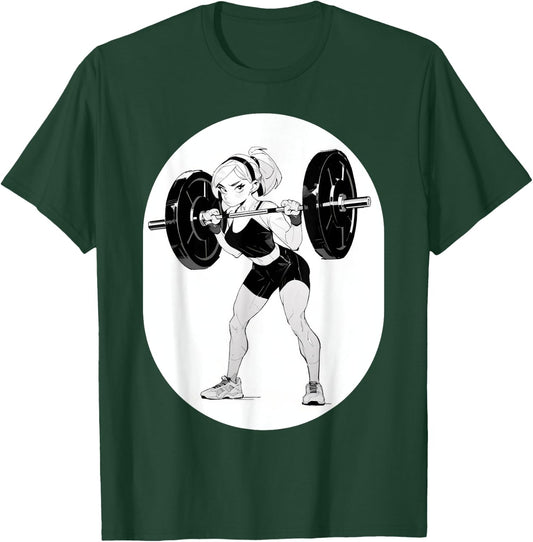 Anime & Manga Style Gym Girl holding Large Barbell T-Shirt - T-Shirt | Forest