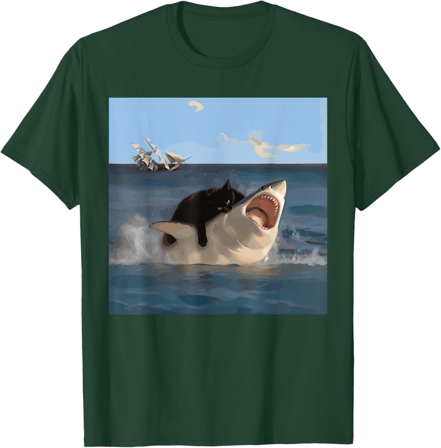 Cat Biting Shark Humorous Playful Funny Cat and Shark , Small, Black T-Shirt - T-Shirt | Forest
