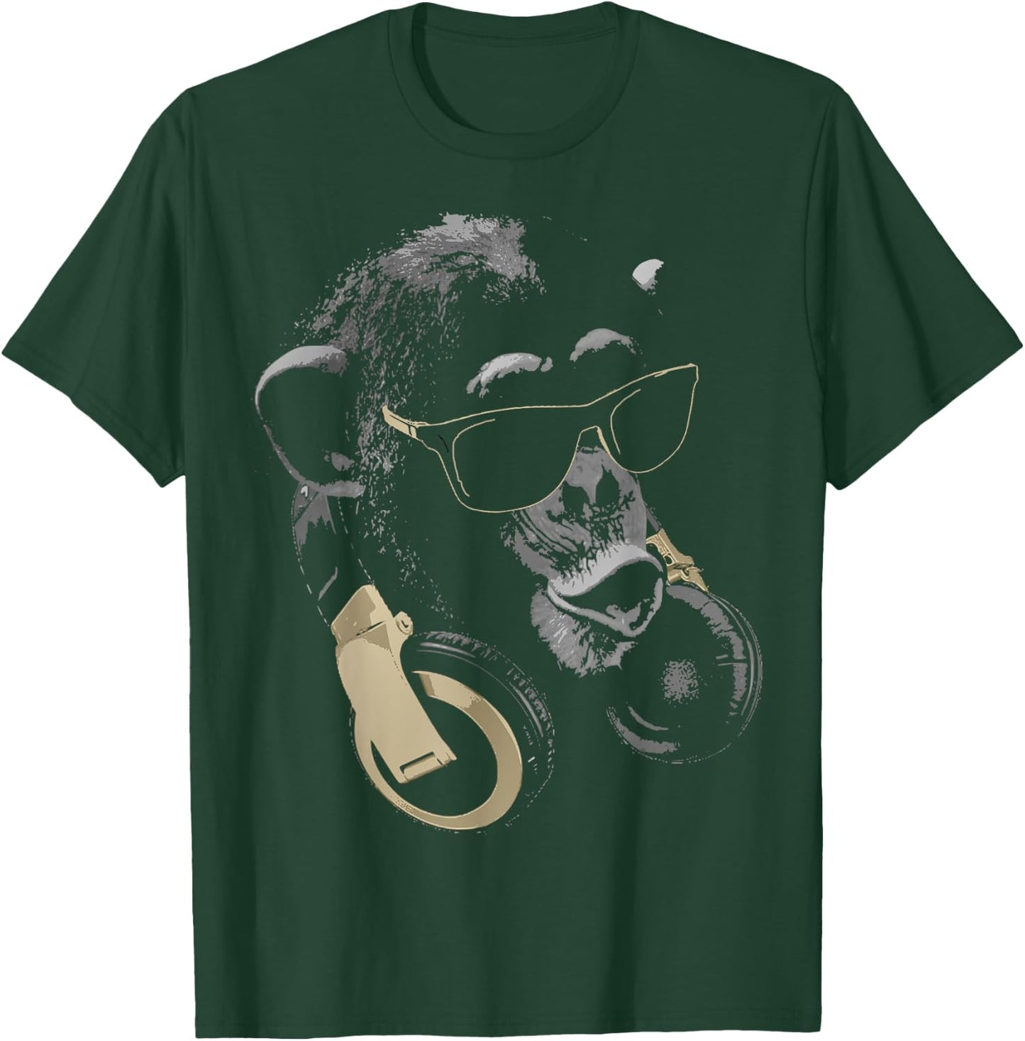 Funny Cute Happy and Cool Animal Design Love Store Monkey Chimpanzee with Sunglasses and Headphones - Adults - Black - Small T-Shirt - T-Shirt | Forest