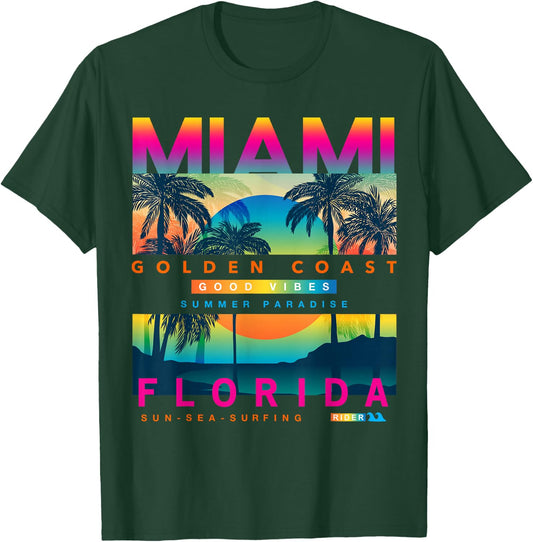 I Love Miami, Cool Miami Florida Colourful Sunrise Graphic T-Shirt - T-Shirt | Forest