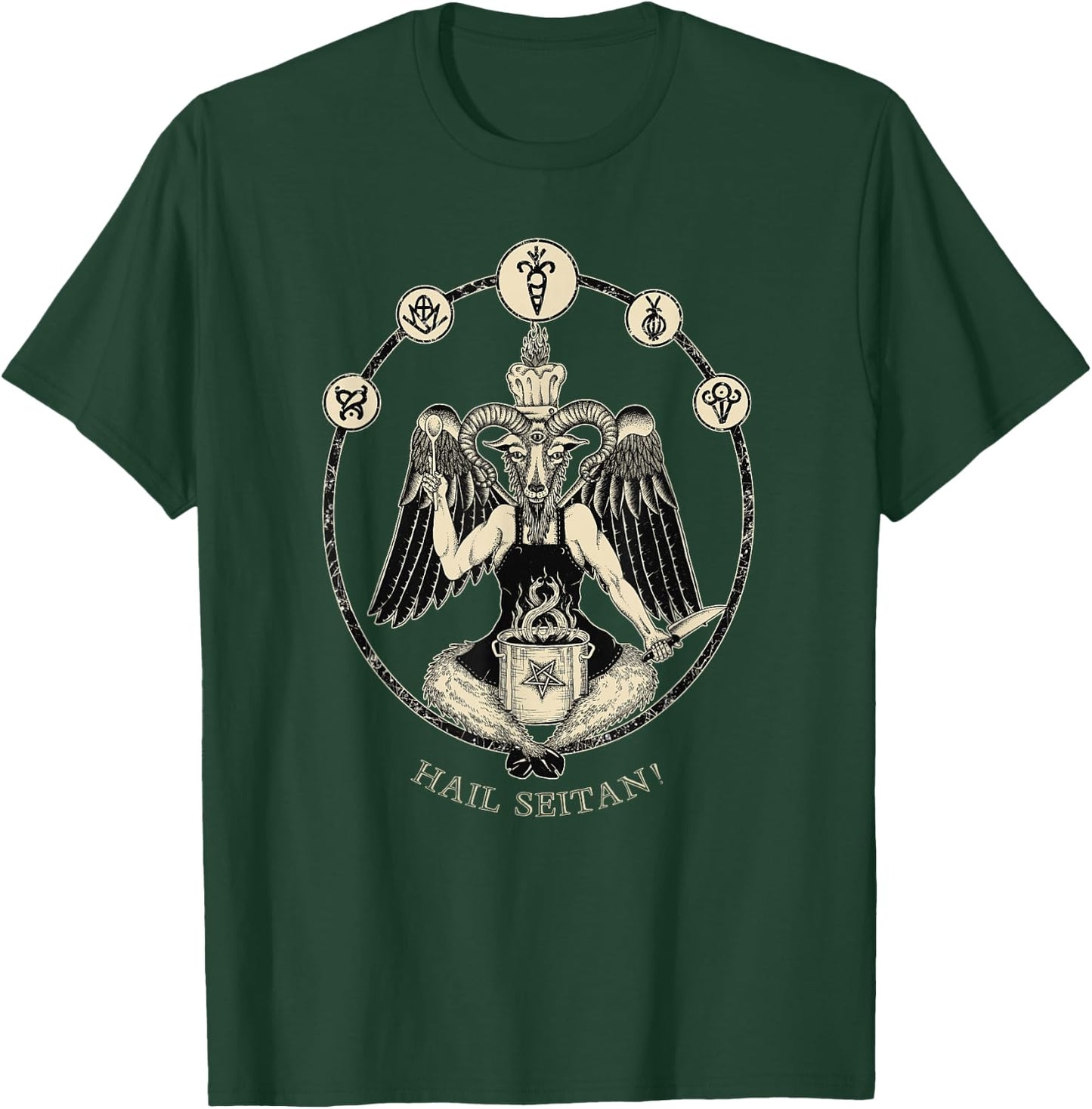 Hail Seitan! Satanic vegan chef Baphomet occult home cook T-Shirt - T-Shirt | Forest