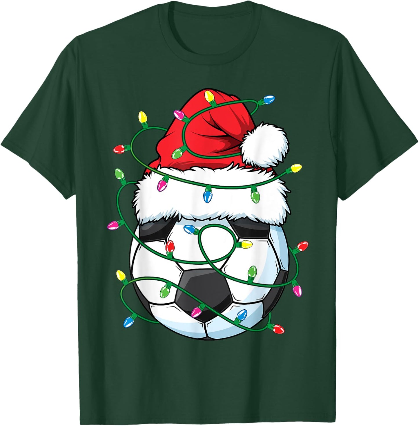 Funny Christmas Soccer Ball Santa Hat Xmas Lights Girls Boys T-Shirt - T-Shirt | Forest