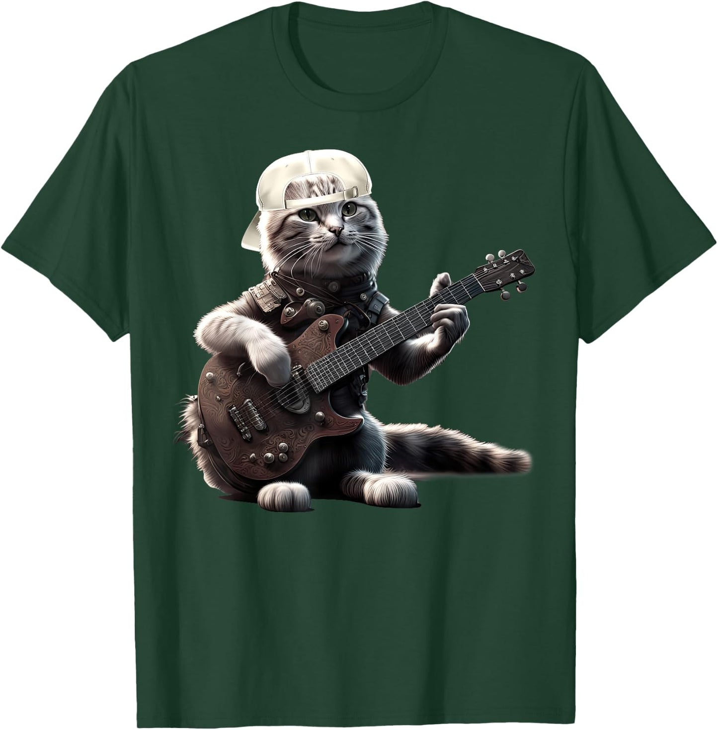 Cat Playing Guitar Funny Rock Music Gifts Women Kid T-Shirt - T-Shirt | Forest