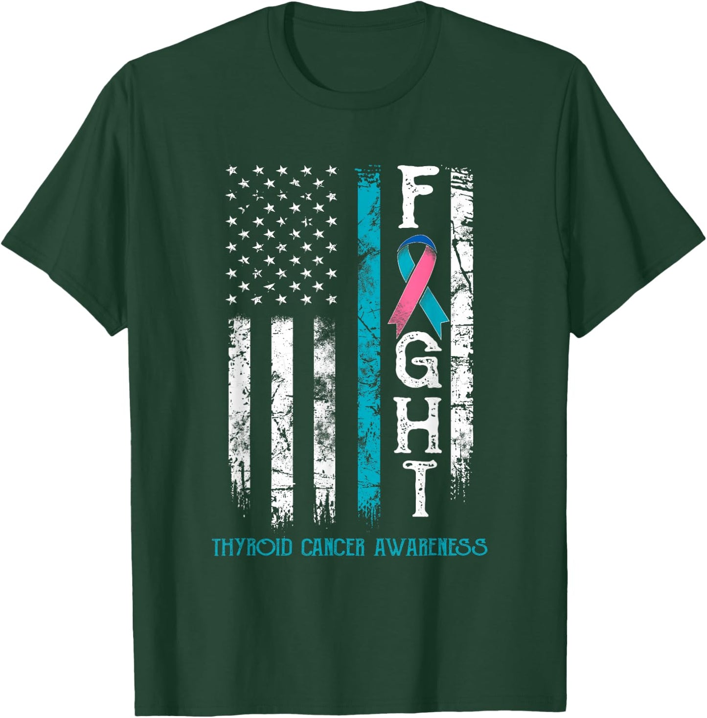 Thyroid Cancer Warrior US Flag T-Shirt - T-Shirt | Forest